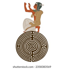 Kneeling praying ancient Egyptian man on top of a round spiral maze or labyrinth symbol. Creative concept. Mystery of Egypt culture. Isolated vector illustration.
