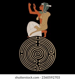 Kneeling praying ancient Egyptian man on top of a round spiral maze or labyrinth symbol. Creative concept. Mystery of Egypt culture. On black background.