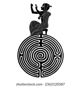 Kneeling praying ancient Egyptian man on top of a round spiral maze or labyrinth symbol. Creative concept. Mystery of Egypt culture. Black and white silhouette.