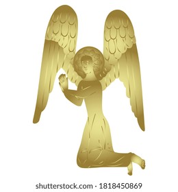 Kneeling praying angel. Golden silhouette.