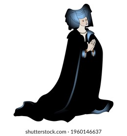 Kneeling And Praying Medieval Lady In Long Dress And Elaborate Hat With Veil. Isolated Vector Illustration.