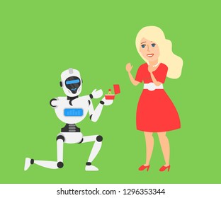 kneeling robot humanoid give a ring box to woman