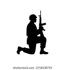 Diseño de ilustración plana de Vector de silueta de soldado arrodillado.