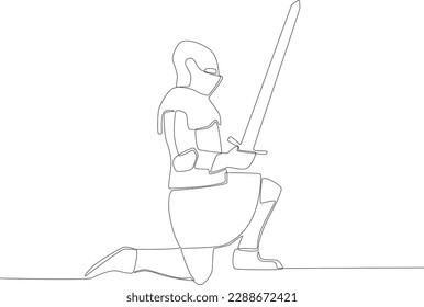 A kneeling warrior holding a sword up. Ancient warrior one-line drawing