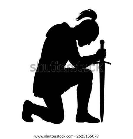 Kneeling Warrior in Silent Vow. vector: Ideal for use as a tattoo, icon, web graphic design, and infographic concepts."