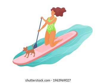 Kneeling woman is paddling with paddle board on the water with pet  dog . Sup boarding outdoor activity. Vector isolated colorful illustration in cartoon style. 