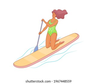 Kneeling woman is paddling with paddle board on the water. Sup boarding outdoor activity. Vector isolated outline colorful illustration in cartoon style. 