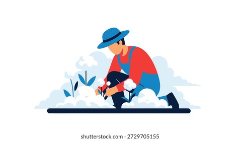 Kneeling worker in overalls amidst cloudy crops