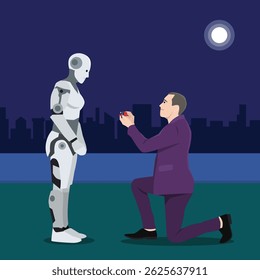 an kneels to propose to a humanoid robot under a starry night, symbolizing a surreal union of human love and artificial intelligence. Flat vector illustration isolated on white background