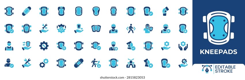Kneepads icon set. Containing protective kneepad, safety gear, worker protection, construction safety, personal protective equipment and more. Solid vector icons collection