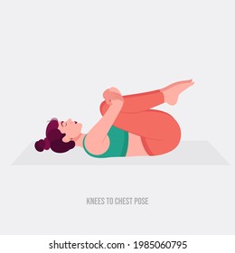 Knees To Chest Pose- Apanasana Yoga pose. Young woman practicing yoga  exercise. Woman workout fitness, aerobic and exercises. Vector Illustration.