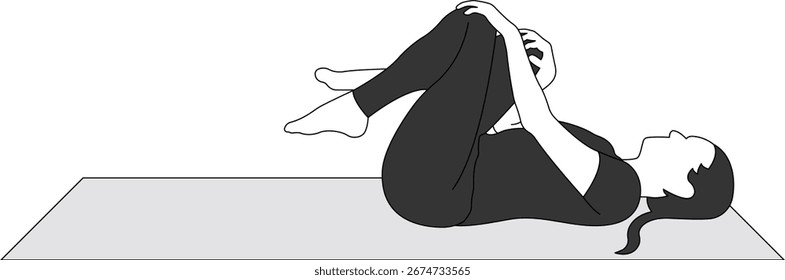 Rodillas al pecho posan en Mat Yoga para la relajación y el alivio del estrés
