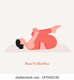 Knees To Chest Yoga pose. Young woman practicing yoga  exercise. Woman workout fitness, aerobic and exercises. Vector Illustration.