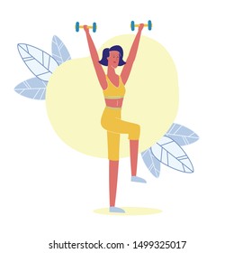 Knees Lift with Dumbbells Flat Vector Illustration. Young Female Athlete Cartoon Character. Slim Sportswoman Holding Dumbbells. Bodybuilding, Exercise. Healthy Lifestyle, Fitness Training in Gym