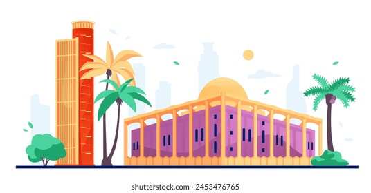 The Knesset architectural building - modern colored vector illustration with legislative body of the State of Israel, which is its parliament. Urban environment, palm trees and street panorama idea