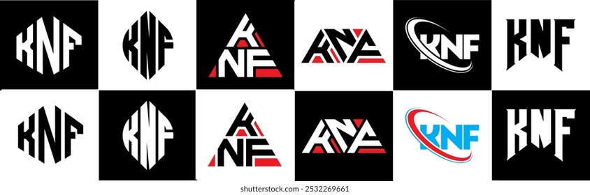 Diseño de logotipo de la letra KNF en seis estilos. KNF polígono, círculo, triángulo, hexágono, estilo plano y simple con logo de letra de variación de color blanco y negro en una mesa de trabajo. Logotipo minimalista y clásico de KNF