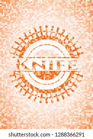 Knife abstract emblem, orange mosaic background