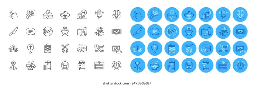 Knife, Air balloon and Sun protection line icons pack. Reject access, Brain working, Time management web icon. No smoking, Lawyer, Organic tested pictogram. Cursor, Shopping bag. Vector