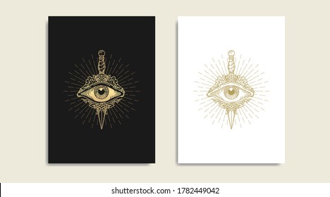 Cuchillo con todos los ojos para ver, símbolo de los Masones, logotipo de ojos y oro, diseño de lector de tarot guía espiritual. grabado, tatuaje de ilustración decorativa