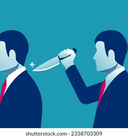 Knife in the back. Betrayal metaphor. Businessman traitor wants to stab in the back. Cartoon male characters. Betrayal and lies. Vector illustration flat design.