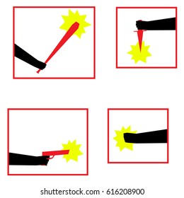 Knife ,Baseball bat and gun in hand