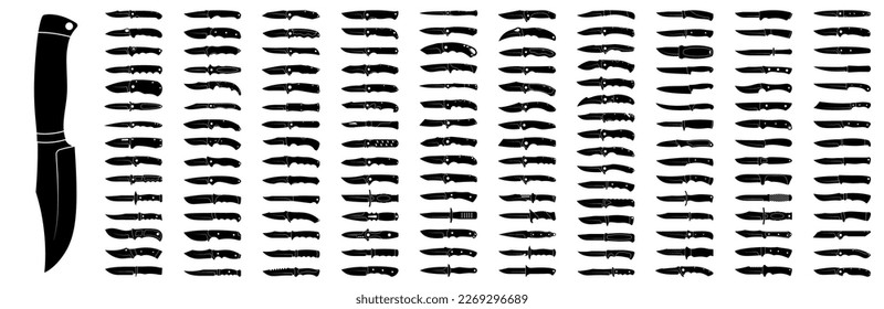 Icono negro de cuchillo. Gran conjunto de íconos de varios cuchillos sobre fondo blanco. Ilustración vectorial.