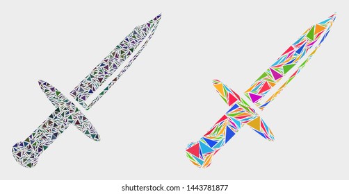 Knife blade collage icon of triangle items which have different sizes and shapes and colors. Geometric abstract vector illustration of knife blade.