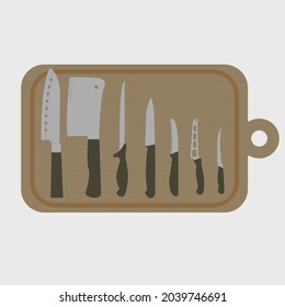 Knife and board for cutting on the isolated background. Kitchen accessory. Elements for design.