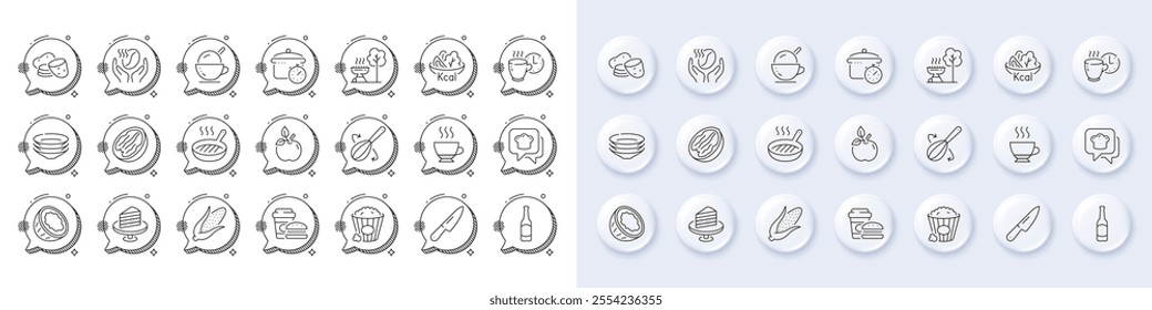 Knife, Boiling pan and Cooking whisk line icons. White pin 3d buttons, chat bubbles icons. Pack of Eco food, Potato, Pecan nut icon. Grill pan, Coffee break, Popcorn pictogram. Vector