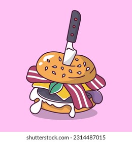 knife in burger with ham cartoon style illustration vector illustration