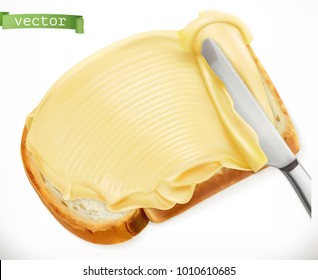 Knife And Butter On Bread. 3d Realistic Vector Icon