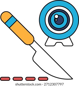 Ein Messer und eine Kamera sind in einer Schwarz-Weiß-Zeichnung zusammengefasst. Das Messer befindet sich links von der Kamera und die Kamera rechts vom Messer
