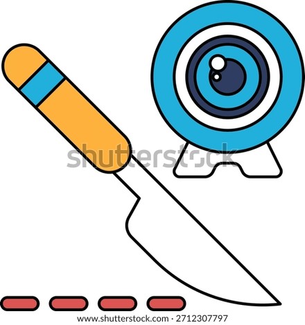 A knife and a camera are drawn together in a black and white drawing. The knife is positioned to the left of the camera, and the camera is positioned to the right of the knife