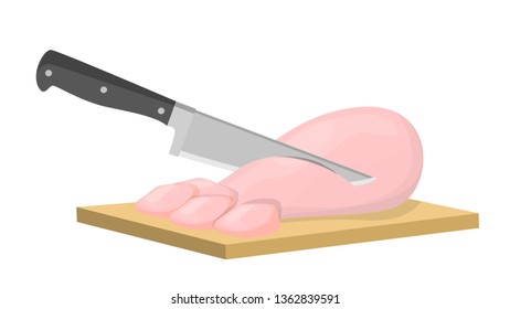 Knife chop chicken meat in little pieces. Cooking on the kitchen. Fresh and raw fillet. Isolated vector illustration in cartoon style