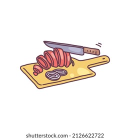 Knife chopping bell pepper and onion on cutting board, doodle vector illustration isolated on white background. Concept of cooking process and kitchen utensil.