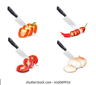 Knife chopping vegetable 3d design with tomato paprika onion chili set on white background isolated vector illustration