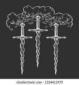 The knife and cloud. The picture is made in the style of engraving. Can be used as tattoo, logos and prints
