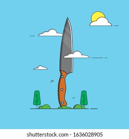 Knife with clouds and trees in the morning blue background. Knife Monument. Vector illustration of a knife in a flat style. EPS 10