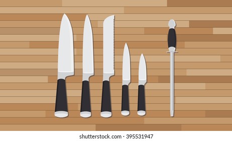 knife collection kitchen set with wood background