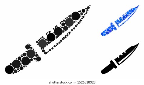 Knife composition for knife icon of small circles in variable sizes and color tinges. Vector small circles are united into blue composition. Dotted knife icon in usual and blue versions.
