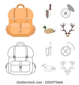 Knife with a cover, a duck, a deer horn, a compass with a lid.Hunting set collection icons in cartoon,outline style vector symbol stock illustration web.