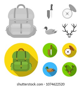 Knife with a cover, a duck, a deer horn, a compass with a lid.Hunting set collection icons in monochrome,flat style vector symbol stock illustration web.