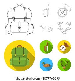 Knife with a cover, a duck, a deer horn, a compass with a lid.Hunting set collection icons in outline,flat style vector symbol stock illustration web.