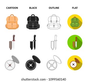 Knife with a cover, a duck, a deer horn, a compass with a lid.Hunting set collection icons in cartoon,black,outline,flat style vector symbol stock illustration web.