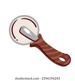 Knife to cut cartoon pizza into slices. Funny slicer tool with steel wheel and wooden handle for traditional pizza cutting. Pizzeria equipment, cutlery mascot, cartoon knife vector illustration