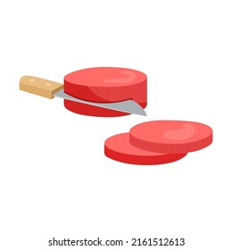 Knife cuts biscuit. Process of cooking cake or pie cartoon illustration. Adding ingredients in bowl step by step. Preparation concept