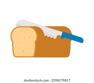 Knife cuts bread. Loaf of Bread and piece