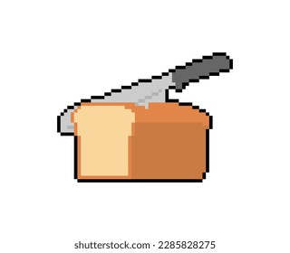 Knife cuts bread pixel art. 8 bit Loaf of Bread and piece. pixelated Vector illustration