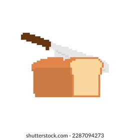 Knife corta el arte de los píxeles del pan. 8 bits Pan of Bread and piece. ilustración de vector pixelado