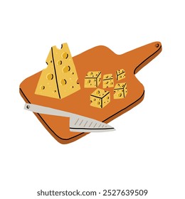 Knife Cuts Cheese into Cubes and Slices on wooden Board. Food Vector Illustration in Hand Drawn Style on White Isolated Background